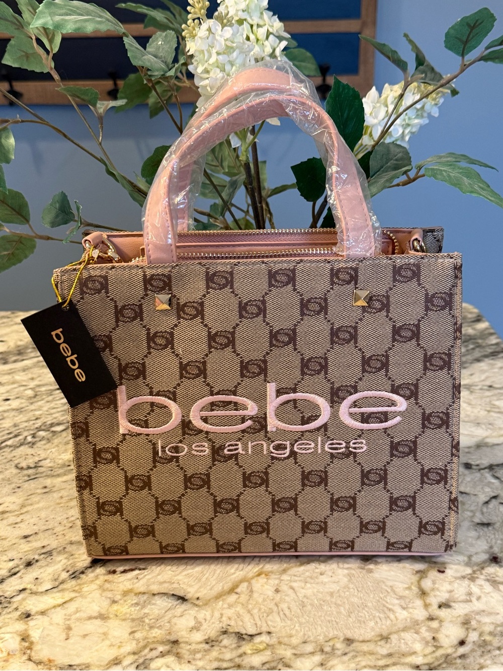 Bebe Tallula Small Satchel Blush Pink Brown Monogram Logo Bag NWT